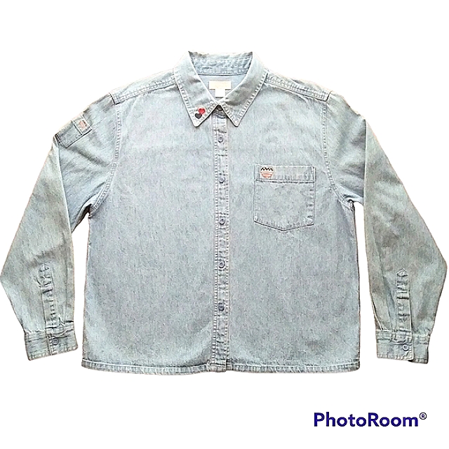 Vintage Y2k Christopher & Banks Denim Shirt Sz L Patriotic Embroidery Boxy